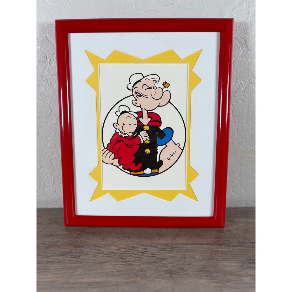 Popeye 8.75" x 10 3/4 Inches Red Framed Double Matted‎ Vintage Wall Art- USA